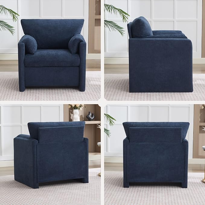 Oversized Accent Chair for Living Room, 32.68" Large Modern Armchair Set of 2 with Deep Seat, Mid-Century Comfy Reading Chair with Padded Arms, Chenille Single Sofa Chairs for Bedroom, Blue