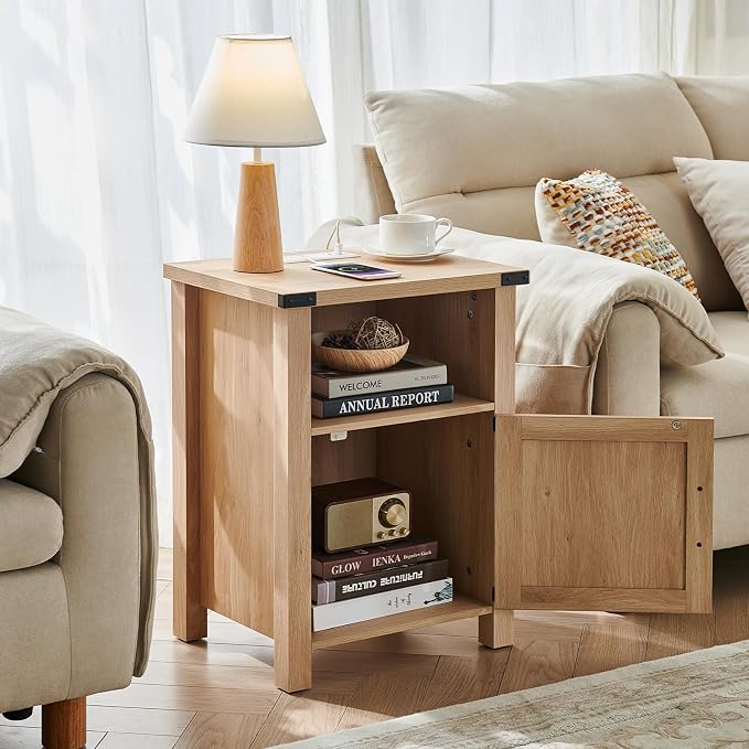 Joaxswe Boho Fluted Nightstand Set of 2 for Bedroom, 18" Rustic Night Stand with Charging Station, Modern Accent Bedside Tables with Open Storage Shelf & Door, Wooden End Table for Home, Natural Oak