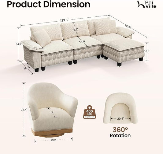 PHI VILLA Cloud Modular Couch Sets with Swivel Accent Chair, 123.6" Sectional Sofa with L-Shaped Chaise, 4-Seater Upholstered Couches with Movable Ottoman for Living Room, Corduroy Fabric, Beige