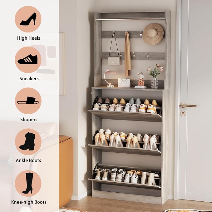 Shoe Storage Cabinet, Wood Shoe Organizer for Entryway with 3 Flip Drawers, Freestanding Shoe Rack with Adjustable Shelf, Narrow Shoe Dresser for Front Door Entrance (Grey, Tall 3 Drawers)