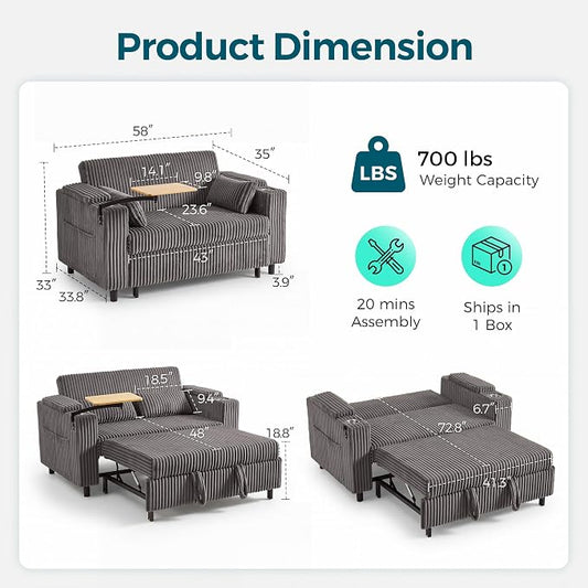 LINSY HOME 3-in-1 Pull Out Sofa Bed, 58" Convertible Sleeper Sofa for Living Room, 360° Swivel Table, Storage Armrests, Charging Station, Cup Holders, 2 Pillows, Corduroy Loveseat Futon Couch, Grey