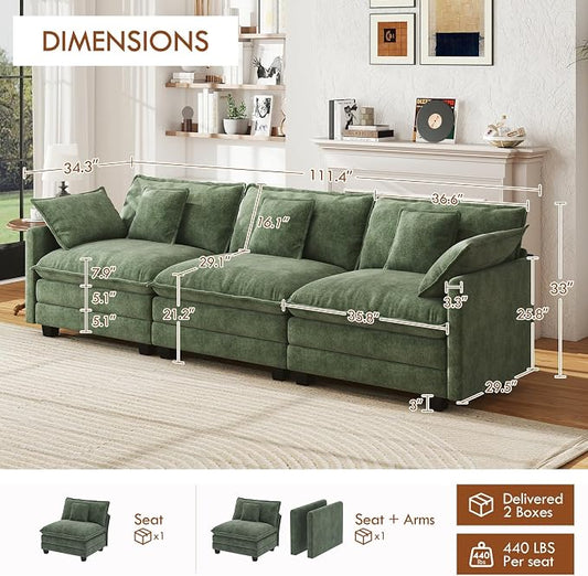 WorthFurni 111.4” Cloud Couch, Modular Sectional Sofa, Comfy Modern 3-Seater Couches with Pillows & Upholstered Deep Seat Cushion for Living Room Apartment Bedroom (Green)