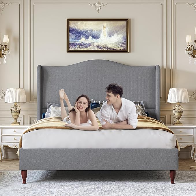 koorlian Queen Bed Frame Upholstered Platform Bed with 51" Tall Headboard Wingback, Soft Fabric, Retro Simple Style No Box Spring Needed, Easy Assembly, Grey