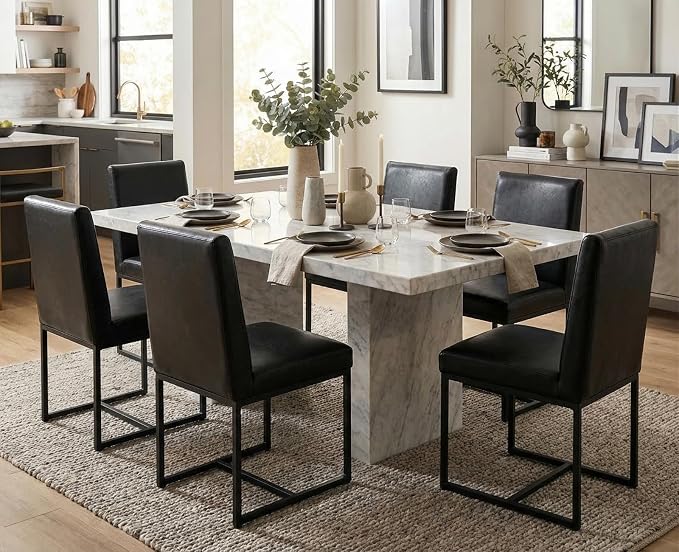 CIMOTA Black Modern Dining Chairs Set of 8, Leather Dining Room Chairs Upholstered Armless Guest Side Chair with Black Base for Dining Room/Kitchen, 8PCS