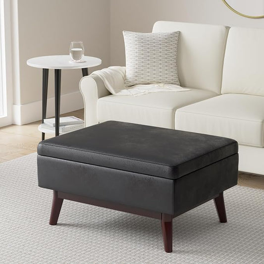 SIMPLIHOME Owen Coffee Table Storage Ottoman - 34" Wide x 19" High Upholstered Vegan Leather Rectangular Lift-Top Ottoman in Distressed Black, Mid-Century Bench for Living Room with Tapered Legs