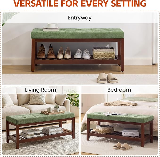 HUBSON 44" Entryway Shoe Bench, Upholstered End of Bed Bench with Solid Wood Shelf, Button Tufted Shoe Bench for Bedroom, Hallway, Living Room, Green