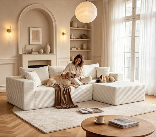 Mangodan 110” Cloud Sectional Couch, Boneless Sofa for Living Room, Modular Sectional Sofa with Deep Seat, Comfy Fluffy Couch with L-Shaped Chaise, No Assembly Required, Beige