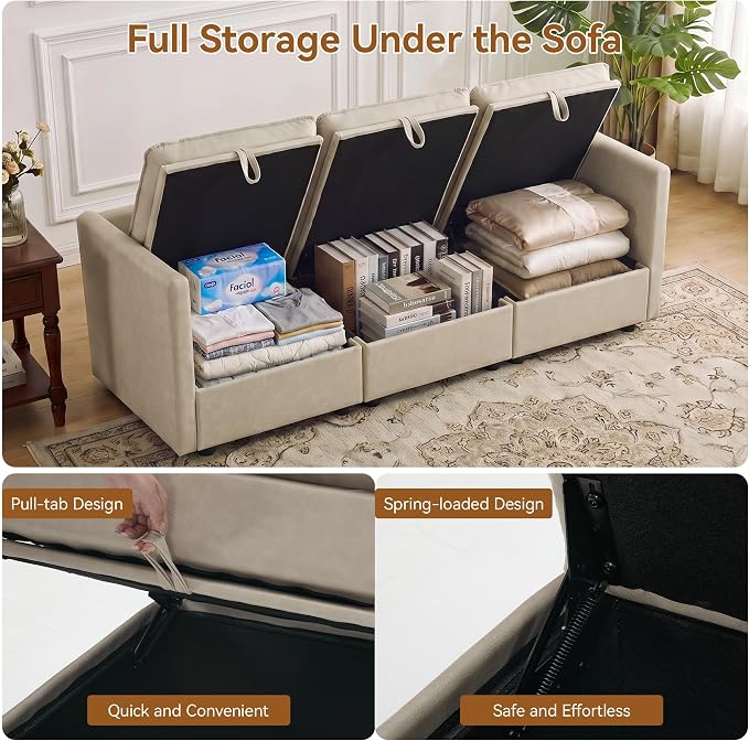 80" Beige Faux Leather Storage 3 Seater Sofa, Modular Sectional Cloud Sofa | Modern Deep Seat Cloud Upholstered Sofa with Armrest, Convertible 3 Seater Comfy Sofa for Living Room, Bedroom, Small spaces
