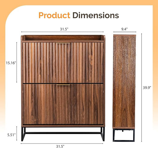VINGLI Fluted Shoe Cabinet Storage for Entryway,Hidden Shoes Storage Cabinet with 2 Flip Drawers, Mid Century Modern Shoe Rack Organizer,Free Standing Shoes Organizer for Hallway(Dark Walnut)