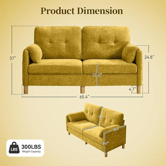 65" Loveseat Sofa, Mid Century Loveseat Couch for Living Room with Storage Pockets, Upholstered Small Loveseat for Small Spaces, Bedroom, Home Office, Apartments, Small Sofa Chenille Yellow