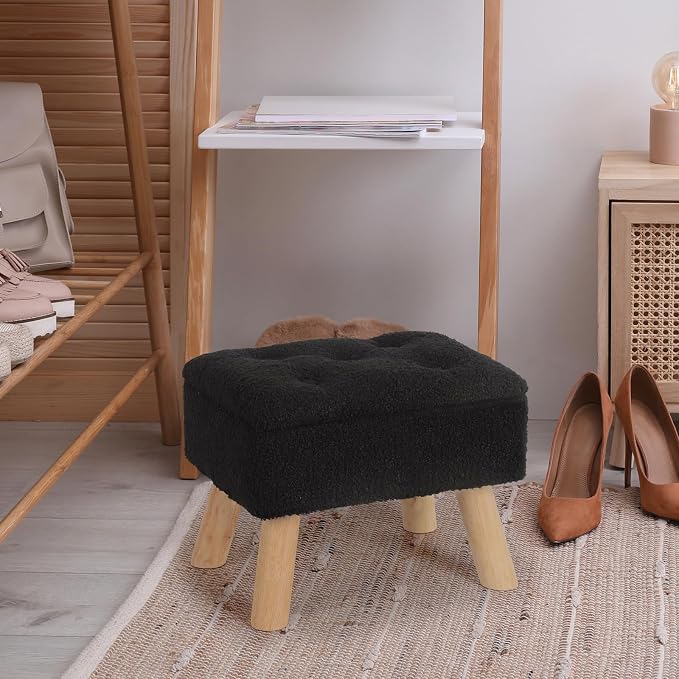 OGEMXU Storage Ottoman, Small Foot Stool Ottoman with Storage, Boucle Teddy Velvet Foot Rest with Padded Seat, Sturdy Wood Legs Stool for Living Room, Bedroom, Couch, Enterway (Black)