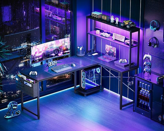 AODK L Shaped Desk Gaming Desk with LED Light & Power Outlet, 61 Inch Reversible L Shaped Computer Table with Shelf & Storage Bag & Hook for Home Office, Black