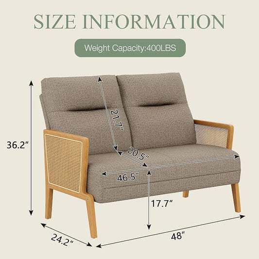 Love Seat Settee Mini Couch Upholstered Sofa with Natural Rattan Armrest Backrest Couch Bench Loveseat for Living Room Bedroom Brown Grey
