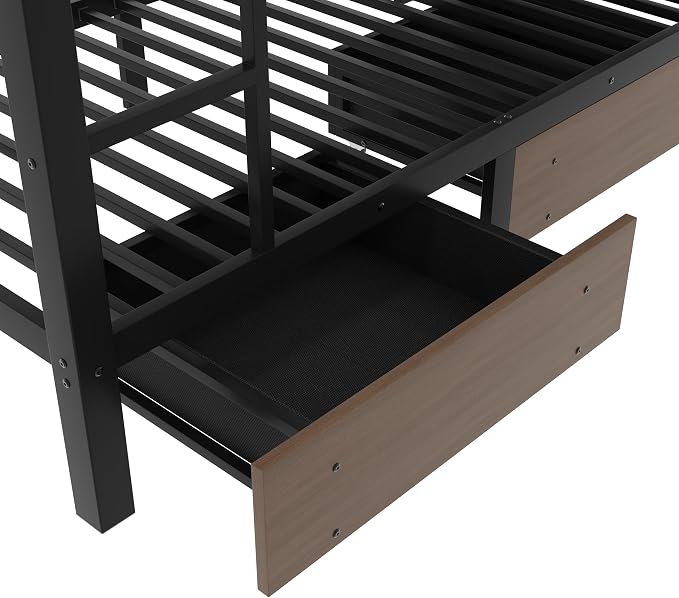 Bellemave Bunk Bed Twin Over Twin,Metal Bunk beds with Storage Shelves, LED Light Strip, and USB Power Strip, Upper Bed with Desk, Black