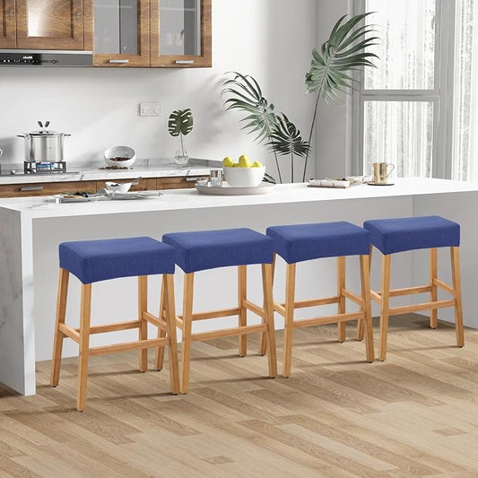 YISUN Stool Covers Rectangle - 4 Pack Stretch Waterproof Saddle Seat Cover Counter Bar Stools Bar Chairs Covers Kitchen Island Chairs Cushion Protector (4, Navy Blue)