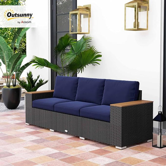 Outsunny 3-Seat Outdoor Patio Sofa with 24.5" Extra Wide Deep Seats, PE Wicker Sofa with Wide Wood Effect Armrests and 4" Cushions, Rattan Outdoor Couch for Porch, Garden, Poolside, Navy Blue