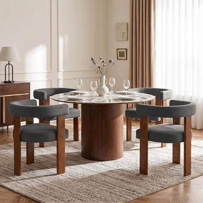 Usaint Wooden Barrel Dining Chairs Set of 6, Mid-Century Modern Upholstered Dining Room Chairs with Walnut Wood Legs and Loop Back, Accent Arm Chair for Dining Room, Kitchen, Living Room, Dark Gray