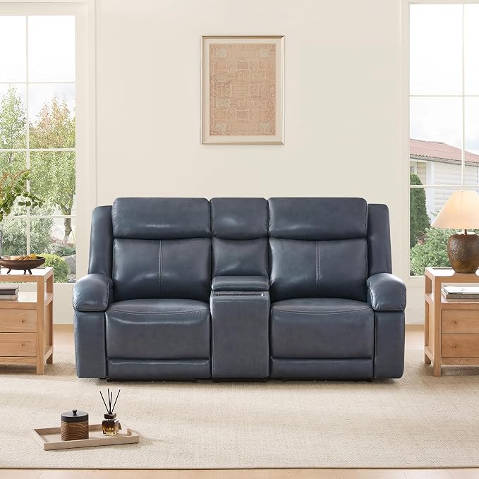 Watson & Whitely Genuine Leather Power Loveseat Recliner Sofa, Wall Hugger Loveseat Reclining Sofa with Storage Console, Power Headrest, Cup Holders, Dual Recliners for Living Room, RV, Navy Blue