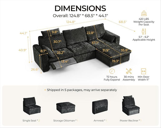 124.8'' Oversized Power Recliner Sofa with Headrest, Extra Wide Modular Cloud Sectional Reclining Couch, Convertible 4-Seater with Storage Ottoman for Home Theater Living Room, Chenille, Black