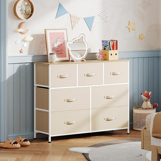 WLIVE 7 Drawer Dresser TV Stand, Entertainment Center, Media Console Table with Metal Frame and Wood Top for TV up to 45 inch, Chest of Drawers for Bedroom, Living Room, Cream White