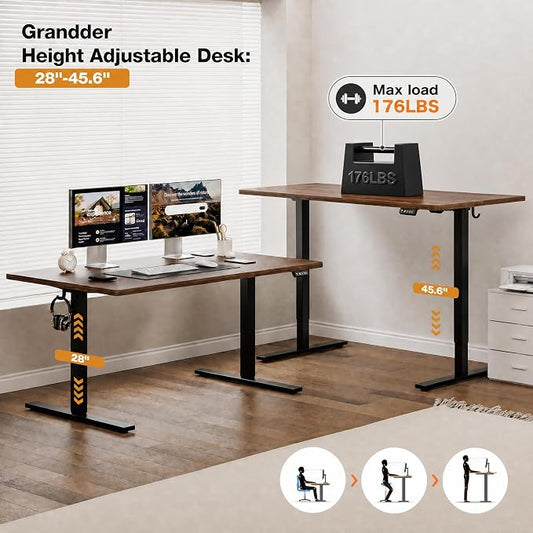 Grandder 47x32 Large Electric Standing Desk, Height Adjustable Computer Desk with 2 Memory Presets, 31.5" Deep Desktop Sit Stand Desk Home Office Desk Workstation Table with Hooks, Walnut