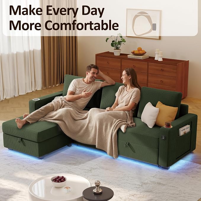 Ball & Cast 80" Sectional Sleeper Sofa Bed Pull Out Couches for Living Room | L Shaped Convertible Pull Out Sofa Bed with Storage Chaise, LED Lights, Foldable Table, USB Ports, Cup Holder and Side Pocket