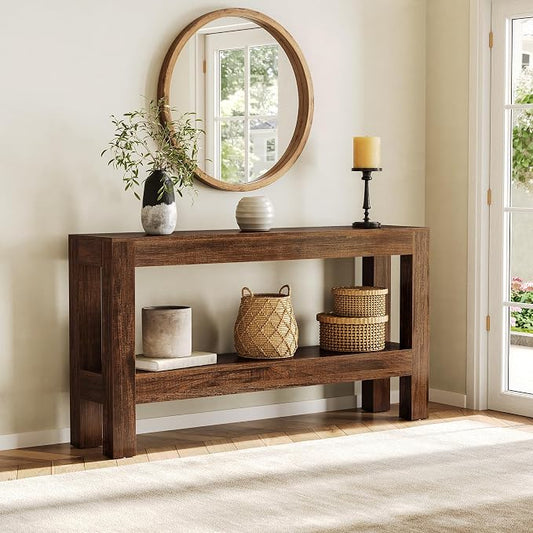 LITTLE TREE 63-Inch Wood Entryway Table, Long Farmhouse Narrow Console Table for Living Room, Hallway, Sofa, Entry, Entrance, Foyer, Behind Couch with 2-Tier Shelves, Brown