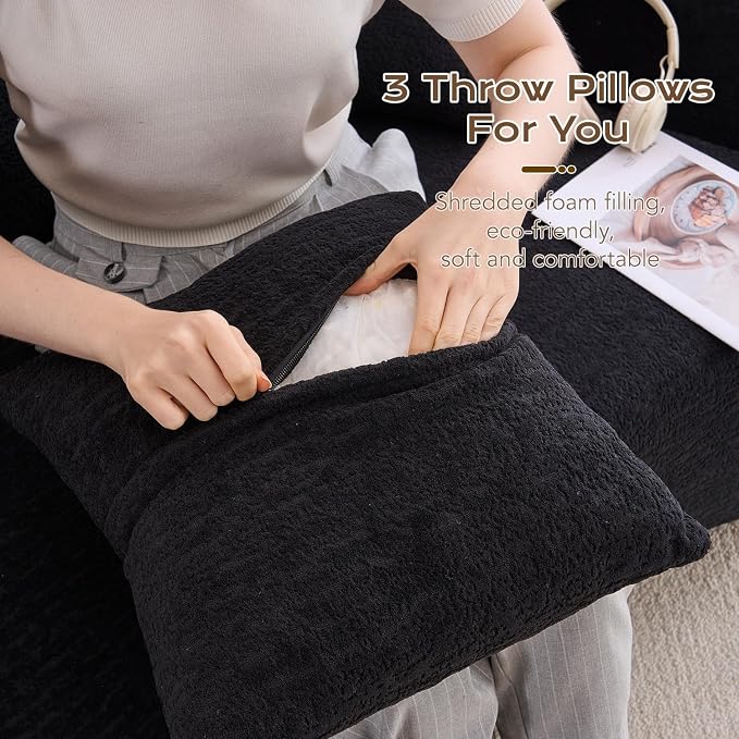 66" Curved Loveseat Sofa for Small Space, Boneless Chenille Boucle Cloud Couch, Luxury Extra High Back & Deep Seat, Oversized Comfort with No Assembly Required for Office, Dorm (Black)