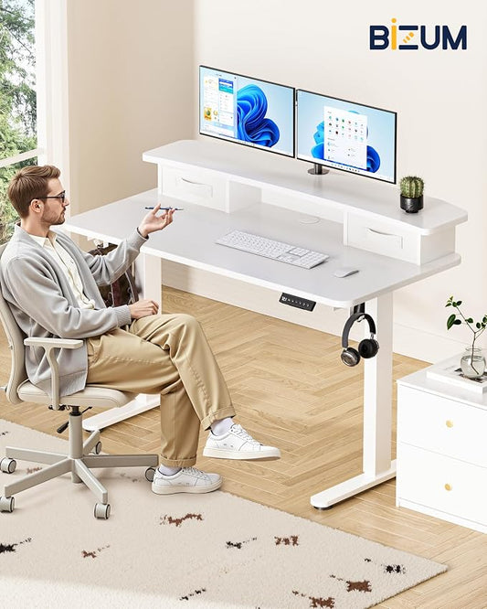 BIZUM Standing Desk with 2 Drawers Computer Desk-Stand up Desk Home Office Gaming Memory Desks C-Clamp Mount Compatible, 48x24 Inch White