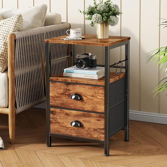 Furologee Nightstand with 2 Fabric Drawers, Night Stand with 2-Tier Shelf, Bedside Table with Hooks, Open Wooden Shelf, End Table for Bedroom, Backboard Design, Metal Frame, Rustic Brown