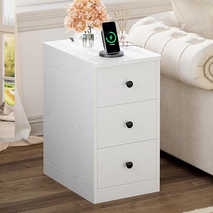 LIKIMIO Nightstand with Charging Station, Narrow Bedside Table with 3 Drawers, End Table with USB Ports and Outlets, Side Table for Living Room/Bedroom Modern