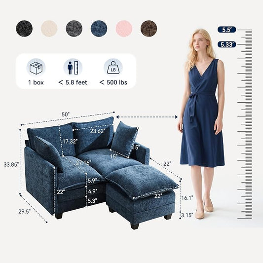 L-Shape Loveseat Sofa Couch with Ottoman, Small 50" Love Seat 27" Deep Cloud Sofa Washable Chenille Pillow for Apartment Bedroom Dorm Attic Studio Office Living Room Small Space 8833-BLUE-L