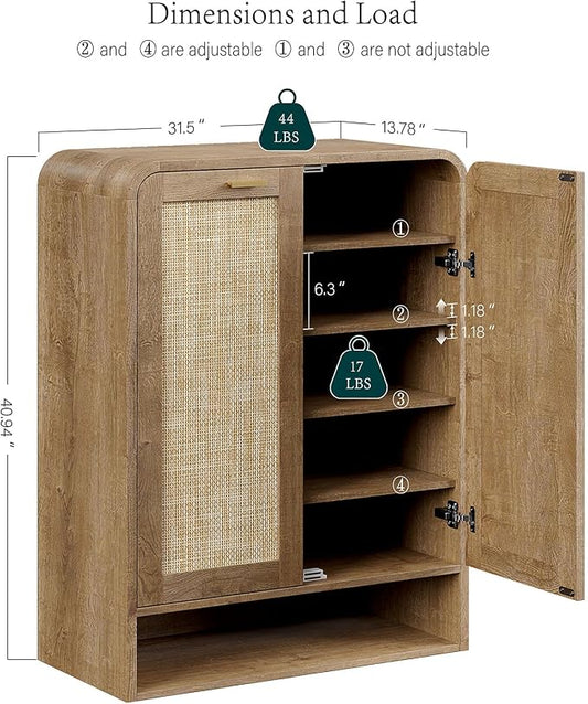 Evermagin 41" Tall Rattan Shoe Storage Cabinet, 24 Pairs Shoe Cabinet for Entryway, 5-Tier Boho Shoe Organizer with Doors for Hallway Living Room Closet, Caramel Oak