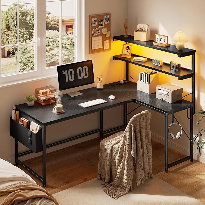 DurayLoly 53 Inch L Shaped Desk Gaming Desk with LED Light & 5 Power Outlet, Reversible Computer Desk with Shelf & Storage Bag Gamer Corner Desk with Headphone Hook for Gaming Room,Small Space,Black