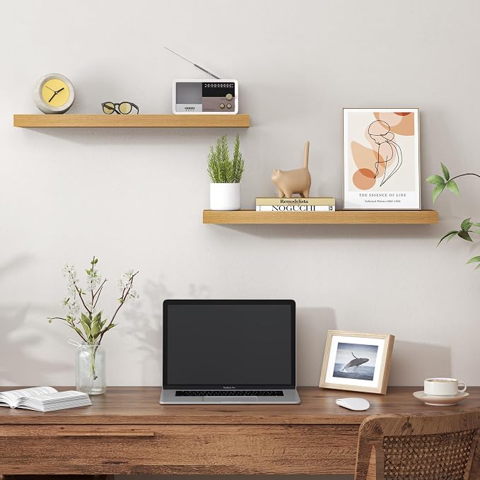 Heimlove 24 Inch Floating Shelves for Wall,Mounted Storage Wood Shelves with Invisible Brackets Hanging Shelf for Bedroom,Living Room,Kitchen,Office,Set of 2,Oak Color