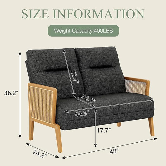 Love Seat Settee Mini Couch Upholstered Sofa with Natural Rattan Armrest Backrest Couch Bench Loveseat for Living Room Bedroom Grey