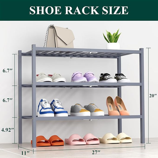 Smiry Bamboo Shoe Rack, 3 Tier Free Standing Wooden Shoe Organizer, Stackable Wood Shoe Storage Shelf for Closet, Entryway, 14 Vertical Slats, 2+1 Stack Heavy-Duty Legs, 26.8"x11"x19.5", Grey