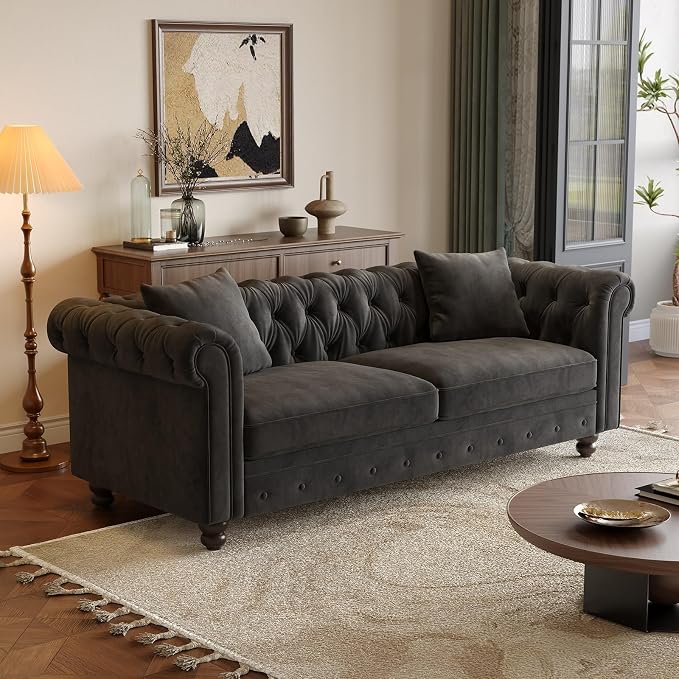 ONBRILL 82 Inch Chesterfield Sofa, 23 Inch Deep Seat Velvet Couch for Living Room, Button Tufted Couch with Rolled Arms, 2 Throw Pillows, Comfy Vintage Loveseat Sofa for Apartment, Black