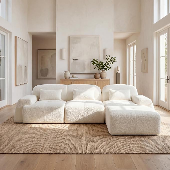 118'' Modular Sectional Cloud Couch Boneless Couches, Oversize Curved Sectional Couches for Living Room, Deep Seat Couch Lambswool Sofa with Ottoman & Throw Pillows, No Assembly, HR Foam