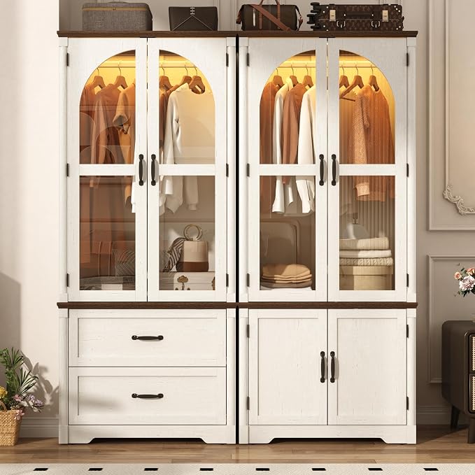 Tall Farmhouse 4 Doors Armoire Wardrobe Closet with LED ,72" Freestanding Arched Wardrobe Closet Cabinet for Bedroom w Glass Doors/Drawers,Wooden Clothing Storage Cabinet,Closets for Bedroom(Off Whit)