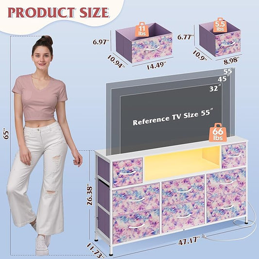 WLIVE Dresser TV Stand for 45, 50, 55 inch TV, Entertainment Center with LED Lights & Charging Station, Chest of Drawers with 8 Fabric Drawers for Living Room, Tie-dye Print (Pink, Purple, Blue)