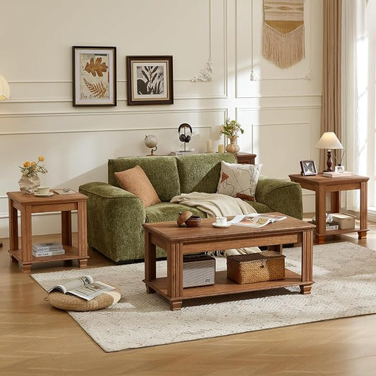 SAVOR LIFE Farmhouse Coffee Table Set of 3, Rustic Wood 3 Piece Coffee and End Table Sets with Open Shelf for Living Room, Brown