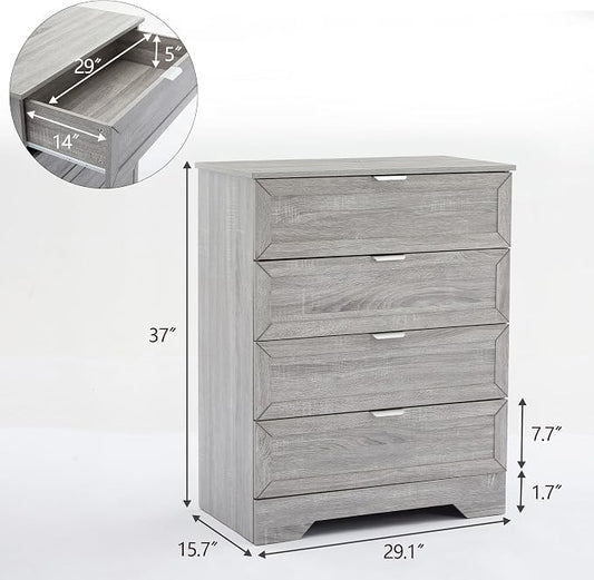 37-inch Tall Chest of Drawers, 4 Drawer Dresser for Bedroom, Grey Wood Dresser with Large Drawers, Modern Storage Cabinet for Closet, Living Room, Entryway, Wash Grey