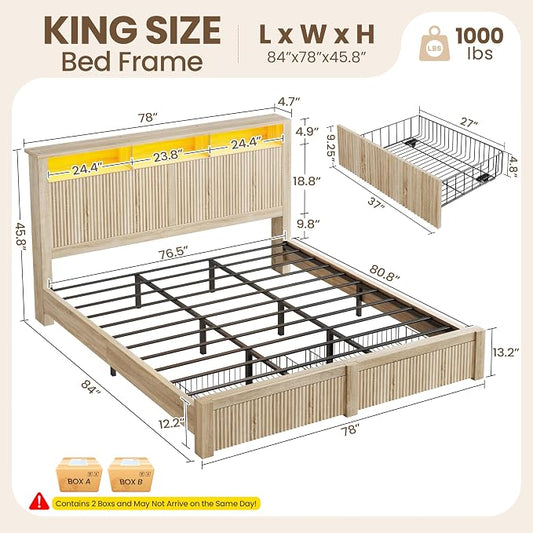 CypBed King Size Bed Frame with 2 Storage Drawers, Charging Port & LED Light, Wood King Bed Frame and 2-Tier Headboard,Farmhouse Wavy Design, Metal Platform, Noise-Free, No Box Spring Needed, Wood
