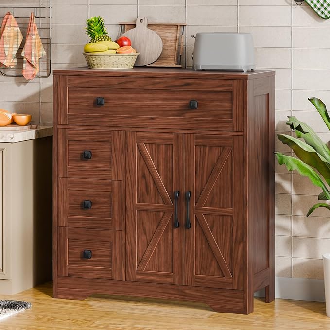 Vabches Farmhouse Storage Cabinet with 2 Doors and 4 Drawers, Freestanding Bathroom Storage Cabinet Kitchen Pantry, Floor Hutch Cupboard for Living Room/Bathroom/Kitchen,Walnut