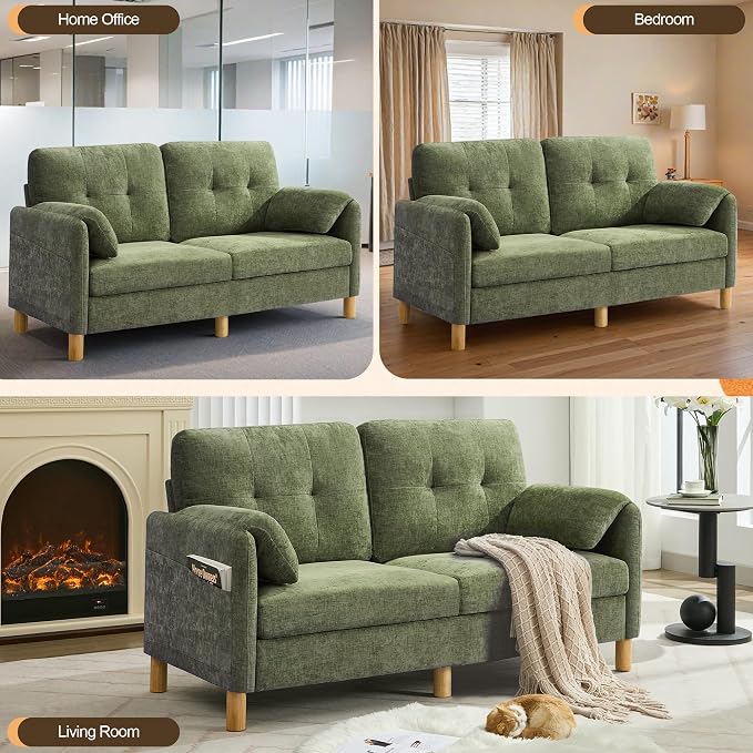 WUTUTUEE 65" Chenille Modern Loveseat Sofa, Upholstered 2-Seater Love Seat Couch with Armrest Pillows, Storage Pockets, Easy Assembly, Tufted Loveseat Couches for Living Room Bedroom, Green