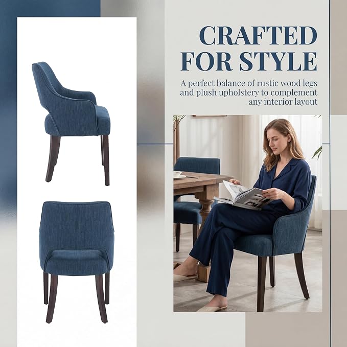 Linen Upholstered Dining Chairs Set of 2 with Arms | Blue linen fabric, breathable upholstery, curved backrest, cushioned seat, solid wood legs, farmhouse style for dining room