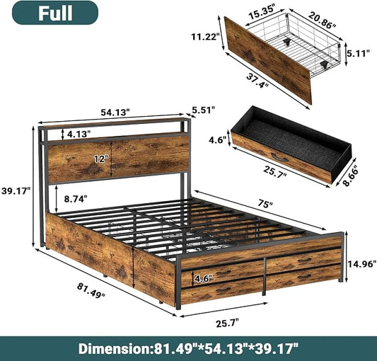 Zevemomo Full Bed Frame with 8 Storage Drawers, Full Metal Bed Frame with LED Light and Charging Station, Heavy Duty Metal Slats, No Box Spring Needed, Rustic Brown