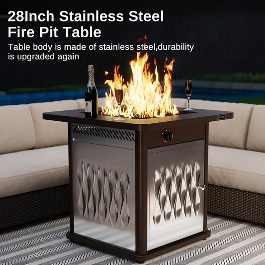 EAST OAK 28'' Stainless Steels Fire Pits Table, 50,000 BTU Upgraded Steel Gas FirePit for Outdoor, Outside Patio, CSA Certified Fire Table with Magnetic Lid, Cover-Storage Basket and Lava Rock, Brown