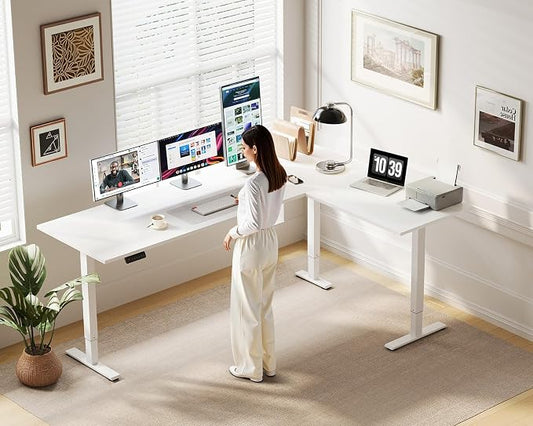 OffiGo 71 Inch Reversible L Shaped Electric Standing Desk, Height Adjustable Corner Stand up Desk, Ergonomic Large Lift Computer Table for Home, Office, Workstation, White
